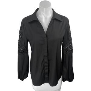 White House Black Market Black Floral Embroidered Long Sleeve Button Up Shirt 8